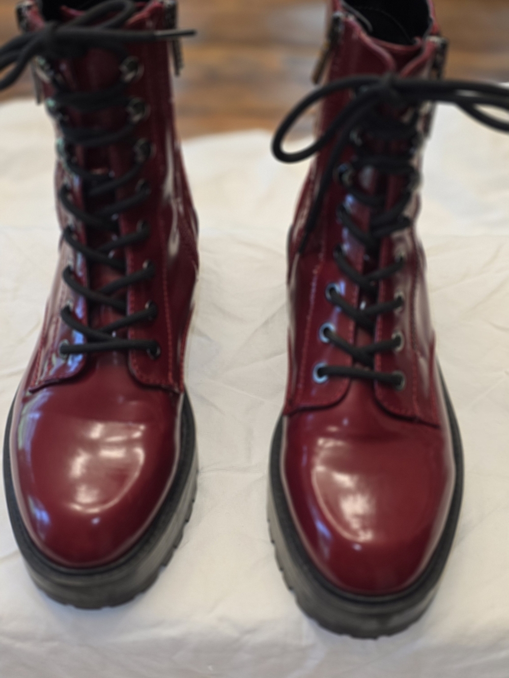 GUESS Women's Wine Red Lace-Up Combat Boots